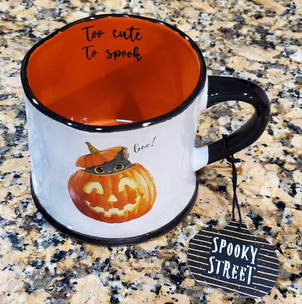 Spooky Street - Black Cat in Pumpkin Halloween Mug with Black Handle 17 fl Oz